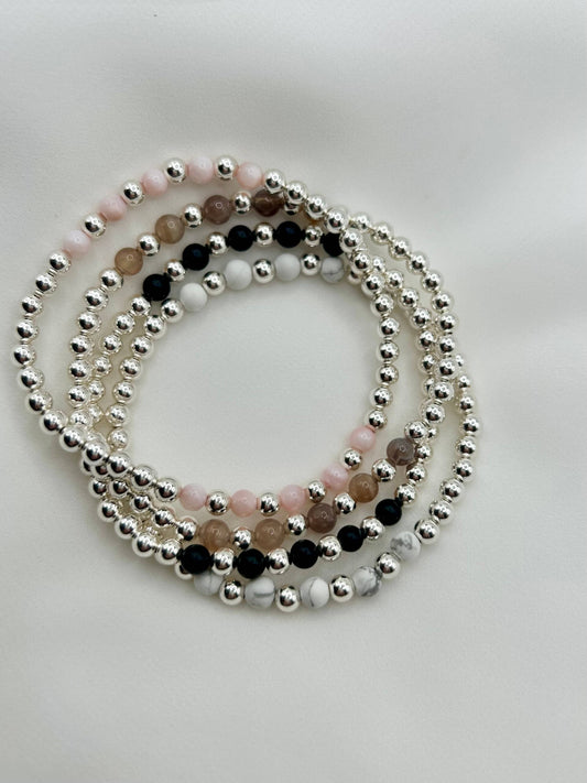 Gemstone Beaded Bracelet: Sterling Silver / Black Onyx